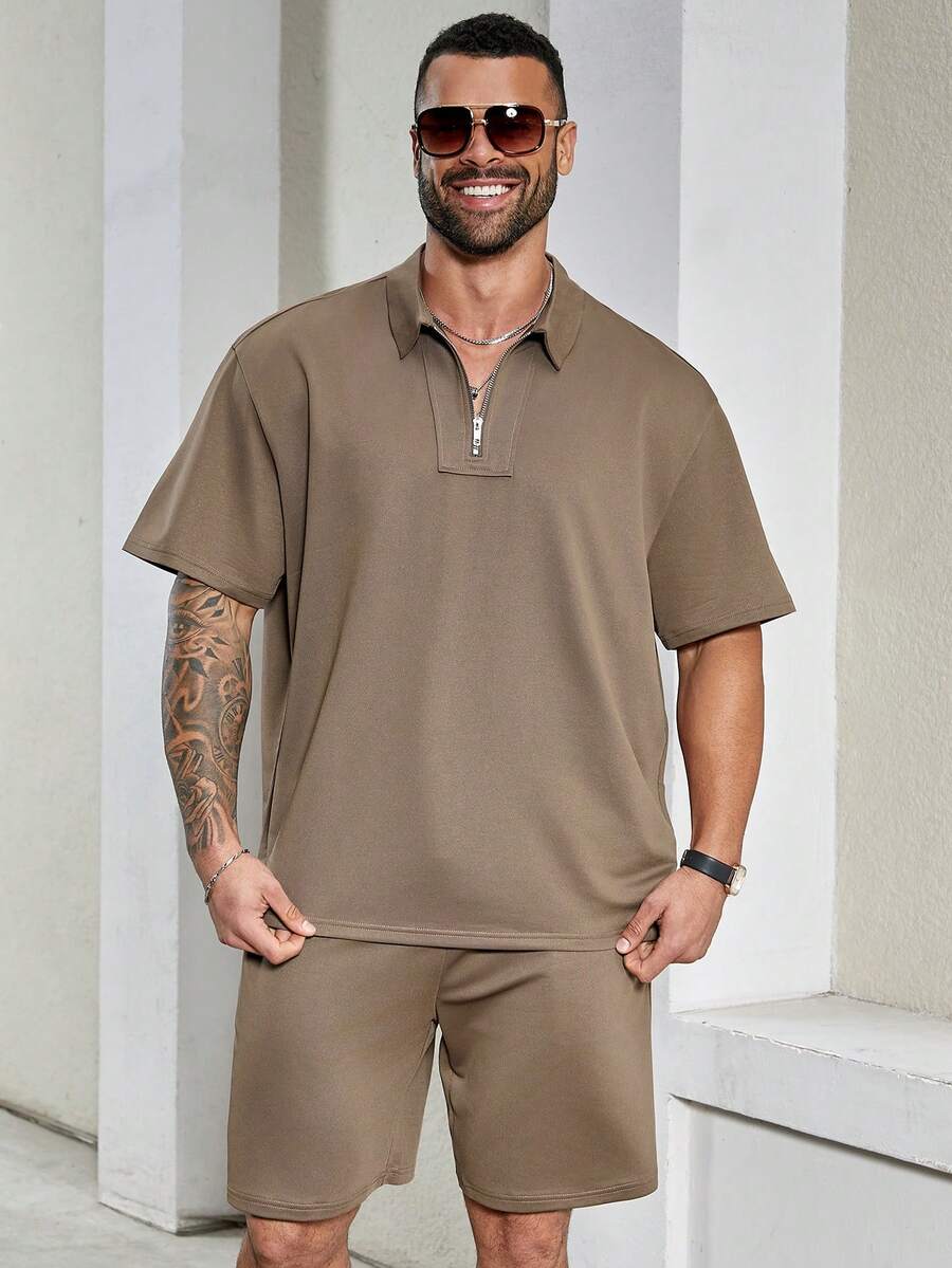 Manfinity Homme Nam Kích thước lớn Dây kéo Ngắn tay Áo thun Với Một nửa thân trước Vòng cổ Và Quần short Giải trí Bộ - màu nâu - Xem 1