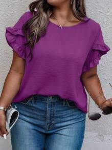 SHEIN LUNE Camiseta De Talla Grande Con Dobladillo De Volantes Y Cuello Redondo Manga Corta Para El Verano