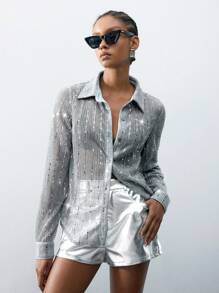 Maija Women Fashion Silver Color Party Shorts, Festival - Silver - View 6