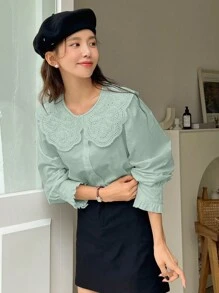 DAZY Patchwork Hollow Out Embroidered Peter Pan Collar Long Sleeve Shirt Summer - Mint Green - View 3