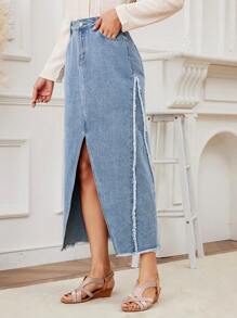 SHEIN LUNE 牛仔裙,帶有鬆散的褶邊和前開叉 - 淺色水洗藍 - 查看 5