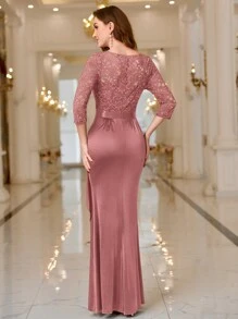 MIUSOL V-Neck Contrast Color Lace Ruffle Satin Evening Gown, Elegant For Formal Occasions Like Weddings, Galas, Graduations - Dusty Pink - View 2