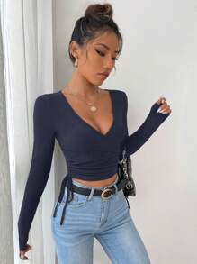 EURMUSE Solid Wrap Tie Side Crop Tee - Navy Blue - View 6