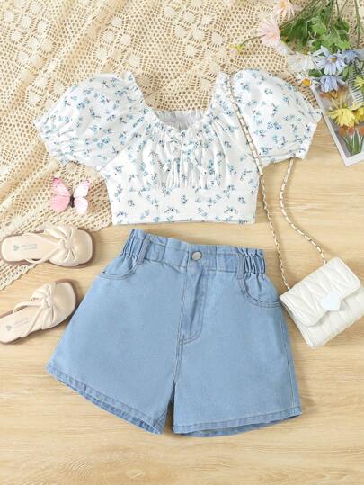 SHEIN Tween Girl Casual Comfortable Bubble Sleeve Floral Top And High Waisted Denim Shorts Set