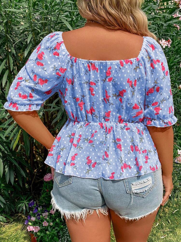 Plus Size Sweetheart Collar Flower Print Summer Blouse