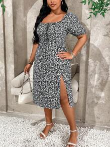 SHEIN Unity Vestido Floral De Talla Grande Con Cuello Cuadrado, Mangas De Globo Y Aberturas Altas - Multicolor - Ver 5