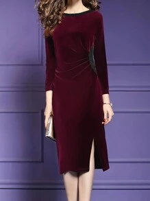 SHEIN Clasi 女士圓領修身時尚高開叉派對聚會連衣裙 - 酒紅色 - 查看 1