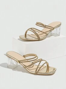 Của phụ nữ Gót chân Lộ ra ngón chân Con la Với Pha lê Dây đeo , Gợi cảm Và Linh hoạt Màu bạc Giày cao gót Dép xăng đan - Vàng - Xem 3