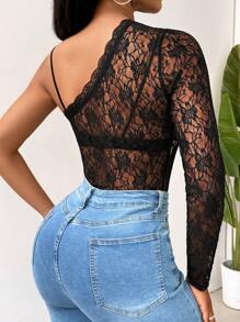 SHEIN Slayr Ladies' Summer One Shoulder Long Sleeve Lace Bodysuit - Black - View 2