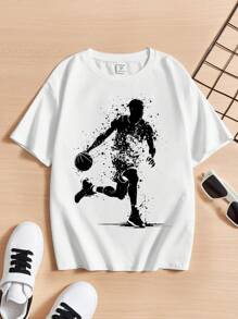 SHEIN Leap Crew 少年男孩休閒圖案印花短袖t卹,適合夏季穿著 - 白色 - 查看 8