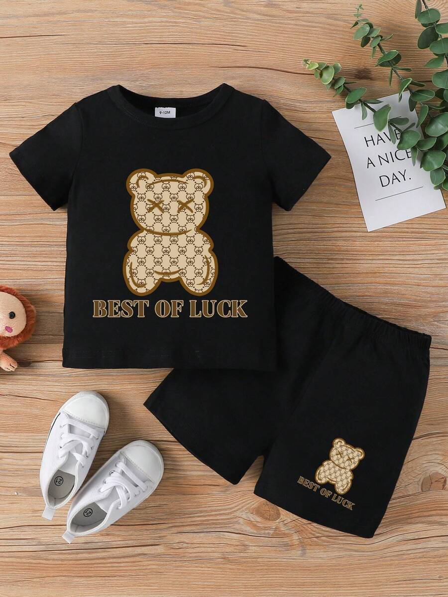 Em bé Con trai Dễ thương & Hợp thời Slogan Họa tiết gấu Ngắn tay Áo Và Bộ quần short Cho mùa hè - màu đen - Xem 1