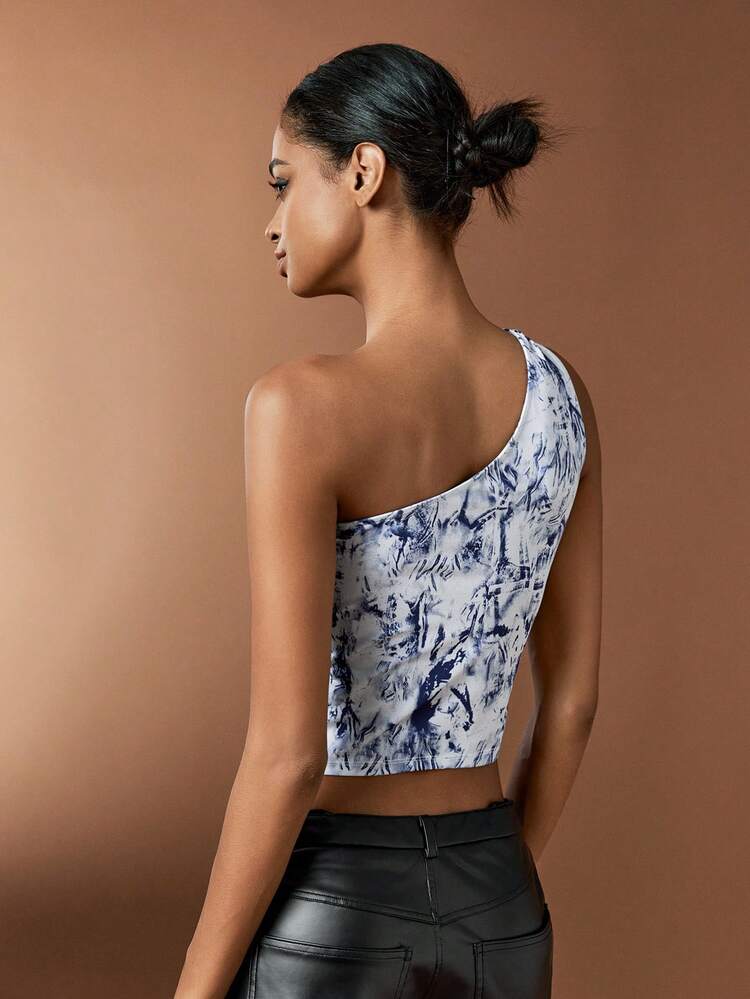 Retro Tie-Dye Print One Shoulder Tank Top With Ring Detail