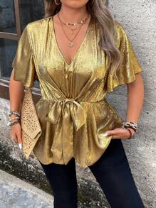 SHEIN Unity 大码女式时尚 V 领收腰衬衫，适合节日派对服装，派对荷叶边上衣 - 金色 - 查看 5