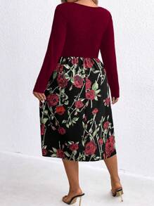 SHEIN Clasi 女式大碼優雅方領長袖花卉拼接連衣裙,適用於春夏季節 - 紅色 - 查看 2