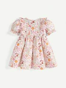 Conjunto de 2 piezas para bebé niña: vestido de cuello redondo con estampado de dibujos animados de plantas, con volantes y mangas abullonadas