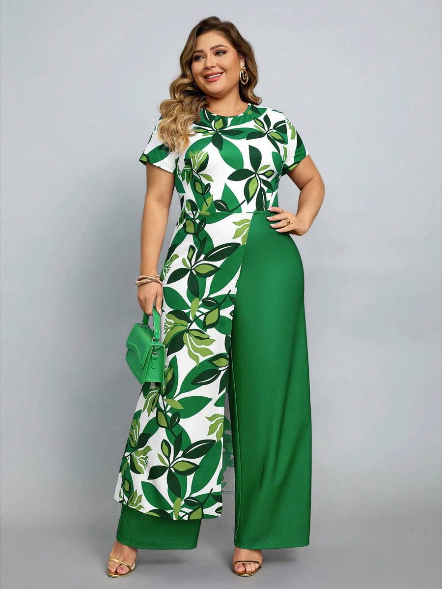 SHEIN Lady 大码植物印花拼接阔腿连体裤，夏季 - 綠色 - 查看 1