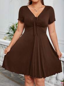 SHEIN EZwear 大尺碼棕色針織v領連衣裙 - 棕色 - 查看 4