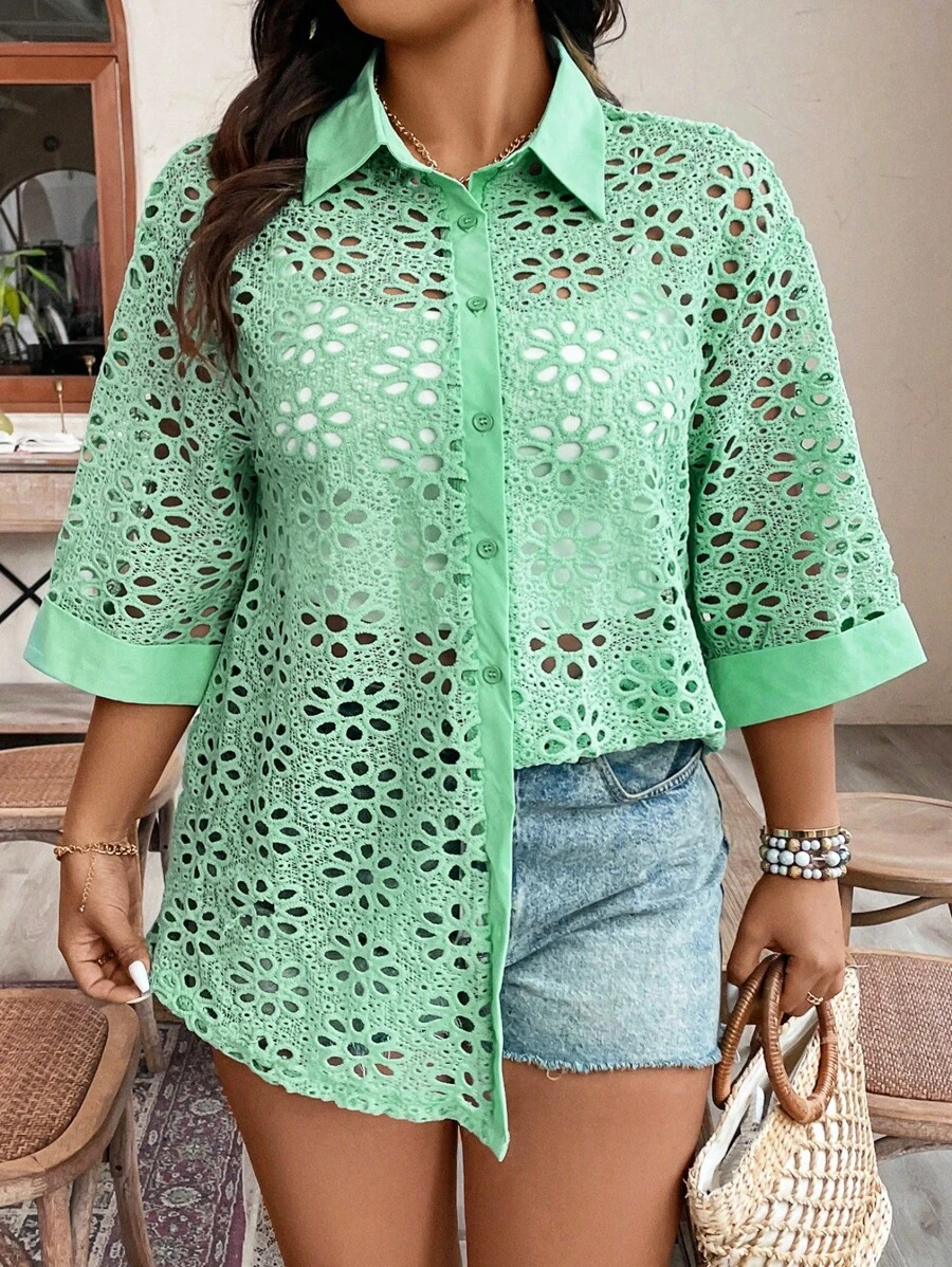 Breezaya Camisa Bordada De Talla Grande Con Huecos En unicolor - Verde - Ver 1