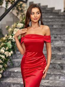 SHEIN Belle Vestido de dama de honor con corte lateral y escote descubierto de unicolor para boda, vestido de gala para mujer - Rojo - Ver 6