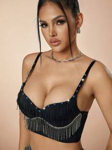 Rave Lễ hội Tương phản Pha lê Hai lớp Tua Fringe Hem Không lưng Dây đeo Mì Ý  Áo nịt ngực Bustier Áo Shapewear Cắt chóp Cami - Nhiều màu - Xem 6