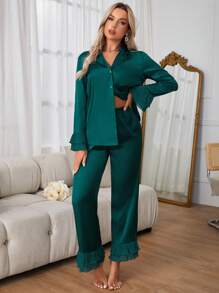 Côtesoire 女士缎面荷叶袖睡衣套装，适合假日、秋冬季节穿着 - 墨綠色 - 查看 3