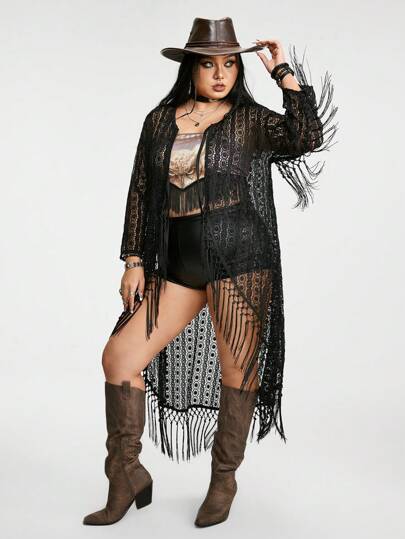 Grunge Punk كارديجان أسود كاجوال فضفاض بقصة كبيرة مثيرة بتفاصيل من قماش الدانتيل المجوف للغربية والحلية بالضفيرة