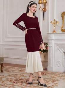 Modelyn Burgundy Red Women Color Block Patchwork Diamond Decorated Fish Tail Dress - Burgundy - View 7