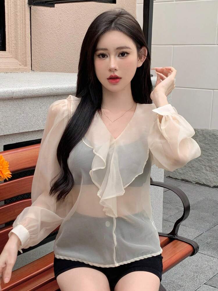 Women's Solid Color Sheer Mesh Ruffle Edge Long Sleeve Stylish Blouse