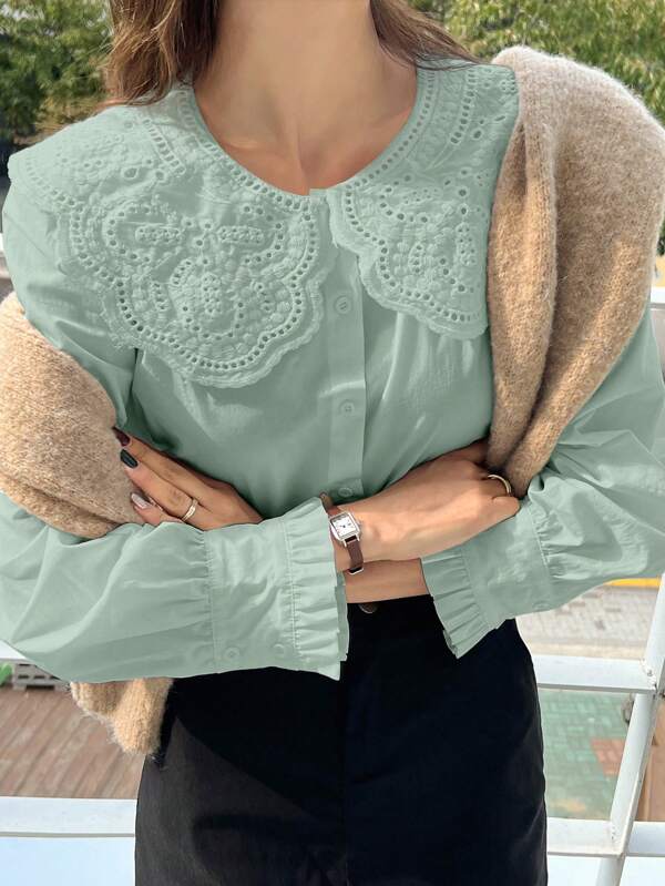 DAZY Patchwork Hollow Out Embroidered Peter Pan Collar Long Sleeve Shirt Summer
