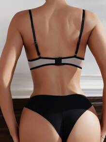 EmpressEnvy 带钢圈的网眼撞色文胸套装 - 黑色 - 查看 2