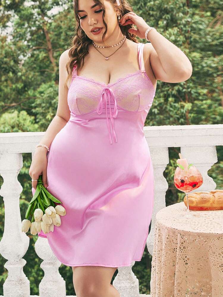 Plus Size Pink Satin V-Neck Lace Trimmed Empire Waist Swing Dress With Spaghetti Straps Spring Dress Spring Dress Spring Dress Pink Dress Lace Bralette Dresses Dresses Vacation