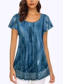 CheersLife 女性短袖束腰上衣花卉雙層休閒正式襯衫