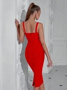 ADYCE Bustier Zip Back Midi Cami Bodycon Cocktail Party Bandage Dress - Red - View 2