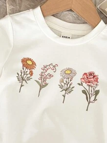 SHEIN Young Girls' Casual Floral Pattern Short Sleeve T-Shirt Suitable For Summer