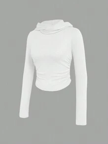 SHEIN Top Corto De Manga Larga Y Capucha De Color Sólido Para Mujer, Ideal Para La Primavera Y El Verano