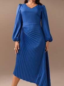 Modelyn Women'S Solid Color Lantern Sleeve Asymmetric Hem Dress - Blue - View 5