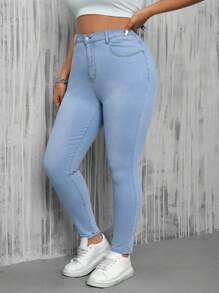 SHEIN EZwear 大尺碼女性窄腳修身牛仔褲 - 淺色水洗藍 - 查看 1