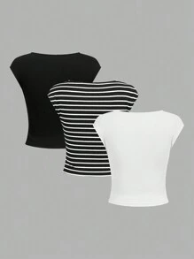 SHEIN EZwear 女士圓領蝙蝠短袖t恤 - 彩色 - 查看 2