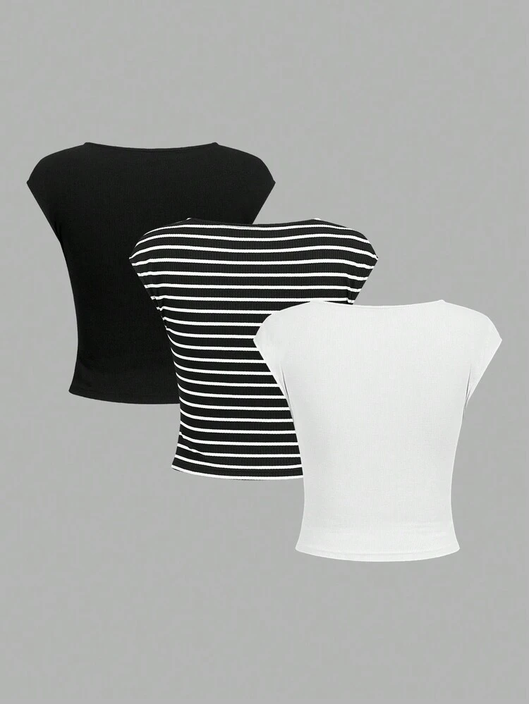 Women's 3pcs Round Neck Batwing Short Sleeve T-Shirt