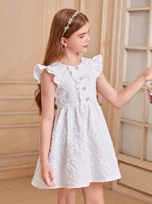SHEIN Tween Girls' Jacquard Ruffle Trim Dress With Button And Flutter Sleeve Details