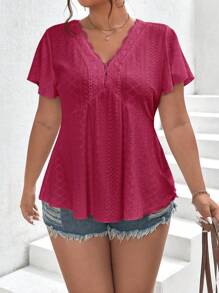 SHEIN Frenchy 大尺碼女士蕾絲拼接短袖t恤,夏季 - 酒紅色 - 查看 3