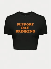 INAWLY Áo crop top ngắn tay dáng ôm mùa hè dành cho nữ có in slogan HỖ TRỢ NGÀY UỐNG UỐNG - màu đen - Xem 3