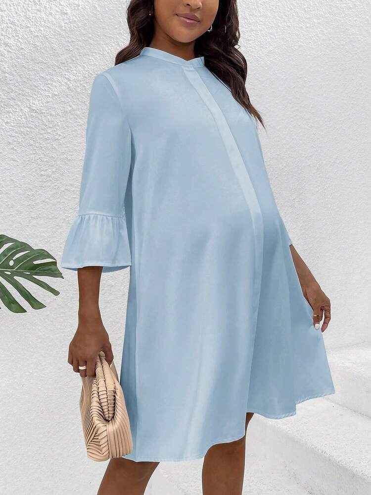 Maternity Solid Color Button-Front A-Line Dress With Bell Sleeve