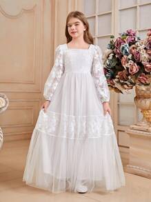 SHEIN Mädchen Frühjahr französisch Palast Stil Floral Stickerei Mesh Langkleid