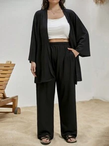 RueChic Solid Drop Shoulder Kimono & Pants - Black - View 6