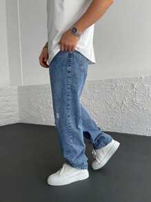 Men Ripped Straight Leg Jeans - Medium Wash - View 2