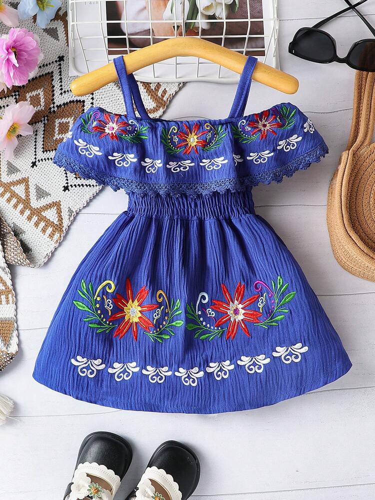 New Spring & Summer Baby Girl Embroidered Big Flower Off Shoulder Dress