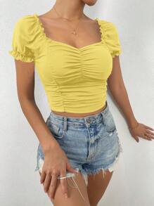 Chiquease Women's Summer Sweetheart Neckline Short Puff Sleeve Slim Fit T-Shirt With Frill Trim - Yellow - View 3