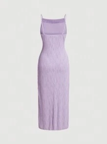 SHEIN MOD Solid Fuzzy Cami White Textured Long Dress,Lavender Dress - Mauve Purple - View 2