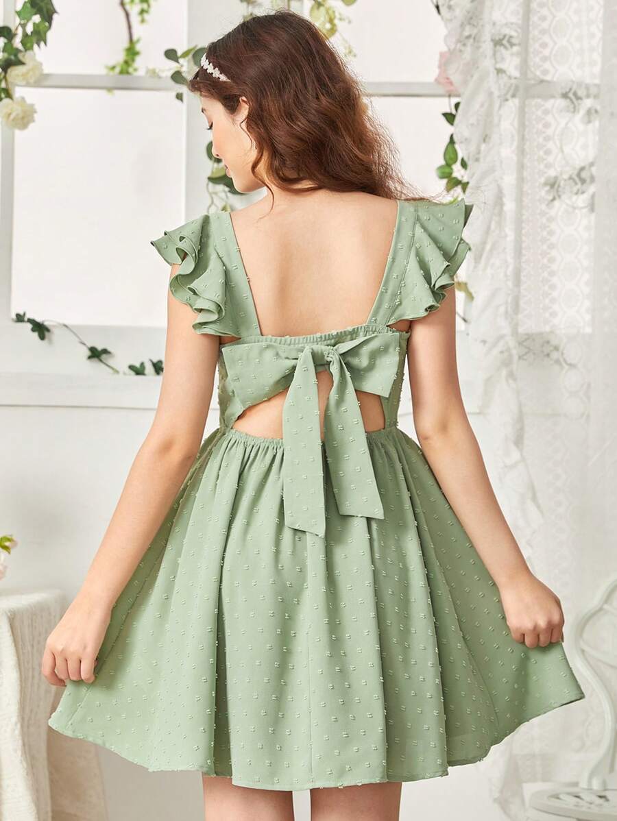 SHEIN Leap Crew Vestido de unicolor para adolescente con corte en la parte trasera y lazo desmontable, con escote cuadrado - Verde - Ver 1